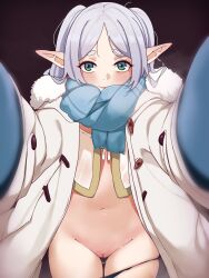 absurdres black_background blue_gloves blue_scarf blush coat commentary drop_earrings earrings elf english_commentary female frieren fur-trimmed_hood fur_trim gloves green_eyes heart highres hood jewelry long_hair looking_at_viewer meme navel open_clothes open_coat panties panty_pull parted_bangs pointy_ears pov pov_cheek_warming_(meme) pussy_juice scarf smile solo sousou_no_frieren steaming_body todding underwear winter_clothes winter_coat winter_gloves