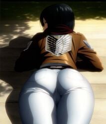 1girls ai_generated ass ass_focus attack_on_titan female jeans looking_at_viewer mikasa_ackerman prone shingeki_no_kyojin solo solo_female srun123 tagme