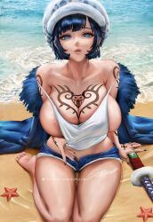 1girls areola_slip artist_name artist_signature barefoot beach big_breasts black_nails blue_eyes blue_hair breast_tattoo breasts canon_genderswap cape cleavage color dark_blue_hair denim denim_shorts detailed earrings female female_only finger_tattoo fur_cape fur_hat genderswap_(mtf) hand_tattoo hat highres huge_breasts jewelry lips looking_at_viewer ocean one_piece outdoors patreon patreon_username rule_63 sheath short_hair shorts shoulder_tattoo sitting solo starfish supullim sword tank_top tattoo thick_thighs thighs toes trafalgar_law trafalgar_law_(female) wariza water weapon white_tank_top