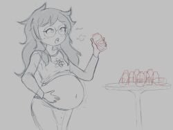 1girls belly belly_bulge belly_expansion big_belly bloated bloated_belly bloated_stomach burp burping female glasses homestuck jade_harley kanubi solo stuffed_belly