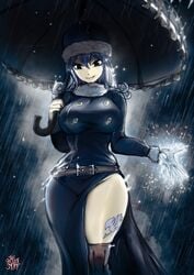 1girls big_breasts black_eyes blue_hair fairy_tail female female_only hi_res juvia_lockser long_hair looking_at_viewer no_panties rain solo solo_female tattoo tattoo_on_leg thegoldensmurf thick_thighs umbrella