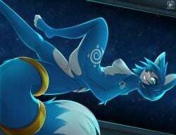 anthro ass blue_body blue_eyes blue_fur breasts butt_grab canid canine female floating fluffy fox fur genitals gold_(metal) hand_on_butt krystal looking_at_viewer looking_back mammal moonfluffmf nintendo presenting presenting_pussy pussy solo space star_fox tattoo white_body white_fur zero_gravity