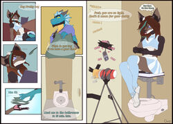 absurd_res anthro bathroom beard blue_body blue_eyes blue_scales blue_skin book brown_hair cervid cheerleader cheerleader_outfit cheerleading_uniform comic comic_panel dialogue dialogue_box digital_drawing_(artwork) digital_media_(artwork) dragon duo english_text facial_hair facial_piercing genitals girly givo glory_hole hair hairy_face handpaw hi_res horn hyaenid hybrid kotaro_kou_(kotarokou) male male/male mammal money nose_piercing nose_ring paws penetrable_sex_toy penis piercing scales scalie sex_toy slim text toilet