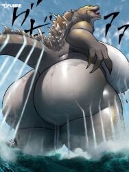 1girls 2024 3:4 anthro ass big_ass big_breasts breasts cellulite claws digital_media_(artwork) fangs female godzilla godzilla_(series) godzilla_minus_one hi_res huge_ass huge_breasts japanese_text kaiju larger_female monster mtf_crossgender nipple_piercing nipples piercing reptile rule_63 scalie size_difference solo solo_female tail teeth text thick_thighs toho tyunre