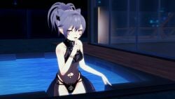 black_lipstick black_swimsuit blacked blacked_clothing ear_piercing finger_on_lip genshin_impact keqing_(genshin_impact) ponytail purple_eyes purple_hair queen_of_spades quiet_gesture ratwhalecat solo_female swimming_pool swimsuit tattoo