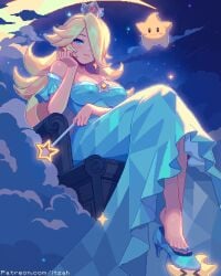 1girls blonde_hair blue_eyes breasts cleavage crown dress feet female hair_over_one_eye high_heels itzah mario_(series) nail_polish pixel_art princess_rosalina sitting smile star super_mario_galaxy toenail_polish