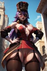 1girls ai_generated angry blush chevreuse_(genshin_impact) exposed_pussy eyepatch from_below furrowed_brow genshin_impact hat medium_breasts no_panties open_mouth purple_hair pussy solo standing tagme thick_thighs thigh_strap thighhighs vertiloart