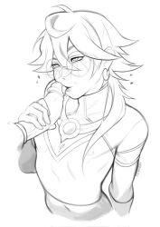 2boys androgynous crop_top ezreal fellatio greyscale heart heartsteel_ezreal heartsteel_series highres league_of_legends licking licking_penis long_hair midriff monochrome moshyuu multiple_boys oral penis round_eyewear tongue yaoi