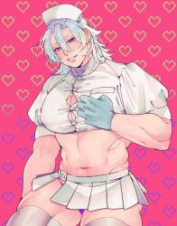 alternate_costume big_pecs cleavage crossdressing demon_slayer gloves hair_between_eyes hair_down kimetsu_no_yaiba kyu_717 looking_at_viewer male male_only manly_crossdresser miniskirt muscular muscular_male navel nurse nurse_cap nurse_uniform pecs pink_background pink_eyes pleated_skirt purple_eyes smile solo straining_buttons thick_thighs thighhighs tight_clothing uzui_tengen white_hair white_legwear white_thighhighs zettai_ryouiki