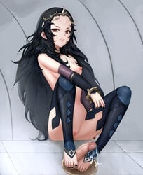 1girls alex_(miku_hotwheel) alex_(pixiv16372723) black_hair black_nails brown_eyes cum cum_on_feet feet fire_emblem fire_emblem_fates foot_fetish footjob grin nail_polish naked_stockings nintendo nipples nude nude_female nyx_(fire_emblem) pussy small_breasts smile solo_focus toeless_legwear very_long_hair