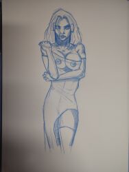 1girls blue_lines decfristoziii emma_frost female female_only looking_at_viewer marvel marvel_comics sketch traditional_media_(artwork) uncolored white_queen