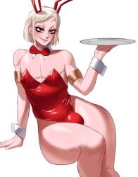 1boy accessory blonde_hair bowtie bulge bunny_ears bunnysuit eyeliner femboy girly light-skinned_male light_skin makeup male male_only pale_skin playboy_bunny red_bunnysuit serving_tray short_hair simple_background sissy solo sotcho waiter white_background
