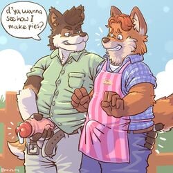 1:1 2021 anthro apron ass bottomwear butt_grab canid canine canis clothed clothing cum disney domestic_dog duo english_text erection erection_under_clothing fox genitals gideon_grey grope hand_on_butt hi_res humanoid_genitalia humanoid_hands humanoid_penis male male/male mammal outside pants penis puppyboy roshi_(sgtroshi) shirt slightly_chubby text topwear yaoi zootopia