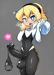 1boy ahe_gao balls balls_in_bodysuit big_balls big_bulge big_penis blonde_hair blue_eyes blush bulge condom_suit crap-man cum cum_in_bodysuit edit edited erection erection_under_clothes femboy flat_ass genderswap_(ftm) girly glans gwen_stacy hairband headband heart heart-shaped_pupils hood hoodie huge_balls huge_cock hung_trap looking_at_viewer male male_only marvel open_mouth penis penis_in_bodysuit rule_63 saliva solo spider-gwen spider-man_(series) sweat sweaty third-party_edit tongue tongue_out trap