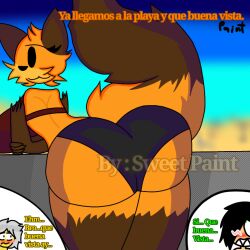 1:1 1girls 2boys 2d animal_ears animal_humanoid animal_tail anthro ass ass_bigger_than_head background beach beach_background big_ass big_butt black_hair black_panties black_underwear blurry blurry_background blush blushed blushing blushing_profusely dialogue digital_art digital_drawing digital_media digital_painting ear eyelashes eyes female flush flushed fur furry furry_female green_text grey_hair hair human humanoid male nix_(zooba) orange_text paint_nix panties spanish spanish_dialogue spanish_text tail text underwear wildlife_studios yellow_text zooba