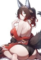 1girls ai_generated alluring animal_ears animal_tail ass ass_focus bare_back black_panties brown_hair fat_ass female female_focus female_only fox_ears fox_girl fox_tail green_eyes honkai:_star_rail honkai_(series) inviting kimono kimono_down kimono_open lace lace-trimmed_panties lace_trim large_breasts light-skinned_female light_skin lingerie long_hair looking_at_viewer looking_back no_bra open_back panties setsuaiart smile smiling smiling_at_viewer tagme thick_ass thick_thighs tingyun_(honkai:_star_rail) white_background