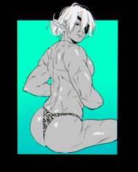 ambush_(trap) amputee ass back_muscles big_ass demon_slayer eye_patch fundoshi greyscale kimetsu_no_yaiba kyu_717 looking_at_viewer looking_back male male_only monochrome muscular muscular_male scars sitting solo thong tied_hair uzui_tengen