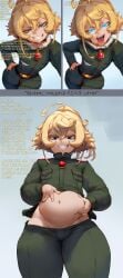 1girls 3koma ai_generated blonde_hair blue_eyes dspaceous english_text female female_pred giantess implied_digestion implied_vore military_uniform solo solo_female tanya_degurechaff vore vore_belly youjo_senki young