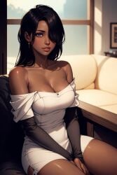 1girl 1girls ai_generated bangs bare_shoulders between_legs black_hair blue_eyes blush breasts cleavage closed_mouth collarbone couch dark-skinned_female dark_skin detached_sleeves dress earrings elbow_gloves female hair_over_one_eye hand_between_legs highres indoors jewelry large_breasts lips long_hair long_sleeves looking_at_viewer nose off-shoulder_dress off_shoulder on_couch original purple_eyes self-upload short_dress side_slit sitting smile solo solo_focus strapless strapless_dress thighhighs thighs v_arms very_dark_skin white_dress window wombat9043