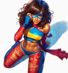 1girls abs ai_generated athletic athletic_female boots brown_eyes brown_hair brown_skin dark-skinned_female exposed_shoulder eyemask finger_gloves kamala_khan long_hair looking_at_viewer marvel marvel_comics midriff ms._marvel muslim_female pakistani_female panties scarf superheroine torn_clothes torn_clothing white_background