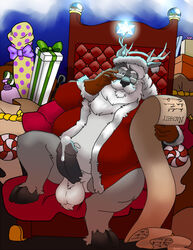 2020 anthro balls black_nose bravo cervid christmas christmas_clothing christmas_headwear clothing erection eyewear fur genitals gift glasses grey_body grey_fur hat headgear headwear hi_res holidays humanoid_hands male mammal overweight overweight_male penis santa_claus santa_hat sitting solo