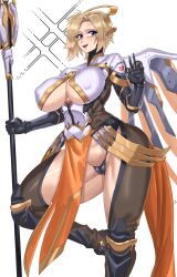 1girls big_breasts blizzard_entertainment blonde_hair blush clothed clothing color female female_focus female_only gamjasssak hi_res large_breasts light-skinned_female light_skin mercy nipples_visible_through_clothing overwatch overwatch_2 pussy_visible_through_clothes short_hair solo solo_female tagme thick_thighs underboob