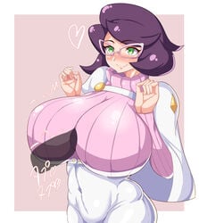 1boy 1girls big_breasts breasts clothed_female curvy_figure glasses green_eyes huge_breasts large_breasts nintendo paizuri paizuri_over_clothes penis perpendicular_paizuri pokemon pokemon_sm purple_hair rururu82010664 short_hair standing text thick_thighs translation_request wicke_(pokemon) wide_hips