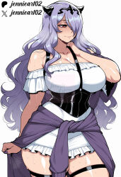 1girl ai_generated alternate_costume artist_name bare_shoulders blush breasts camilla_(fire_emblem) cleavage closed_mouth clothes_around_waist clothing collarbone corset cowboy_shot curvy dress fake_horns female fire_emblem fire_emblem_if frilled_dress frills hair_over_one_eye hand_on_own_neck horns huge_breasts jennieart02 large_breasts long_hair off-shoulder_dress off_shoulder patreon patreon_logo patreon_username purple_eyes purple_hair red_eyes simple_background smile solo standing sweat sweater sweater_around_waist thick_thighs thigh_strap thighs tiara twitter twitter_username very_long_hair watermark wavy_hair white_background white_dress wide_hips