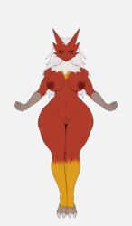 anthro belly_button big_ass big_breasts blaziken chicken egyptian eye_markings eyebrows female game_freak hi_res highres looking_at_viewer nintendo nipples nude pokemon pokemon_(species) princeofchilledbros pubic_hair pussy red_feathers simple_background thick_thighs two_tone_body white_background white_hair