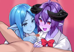 1boy 2girls :d :q ahoge arunira blue_hair blue_sclera blue_skin blush bow bowtie bright_pupils brll censored clothed_female_nude_male collared_shirt colored_sclera colored_skin demon_girl ffm_threesome fingernails group_sex hair_between_eyes handjob highres horns light-skinned_male light_skin long_hair looking_at_penis monster_girl mosaic_censoring multiple_girls nude oerba_yun_fang open_mouth original penis pink_background pink_pupils pointy_ears purple-skinned_female purple_hair purple_skin red_bow red_eyes red_neckwear shirt skin_fang slime_girl small_penis small_penis_adoration smile straight succubus threesome tongue tongue_out white_pupils white_shirt wing_collar