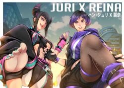 2girls bandai_namco black_and_purple_hair black_hair breasts capcom crossover double_bun english_text feet female female_only femdom fully_clothed highres japanese_text juri_han licking_lips medium_breasts multicolored_hair multiple_girls namco namco_bandai pink_eyes pink_hair purple_eyes purple_hair reina_mishima rewoqs short_hair smile standing street_fighter street_fighter_6 tekken tekken_8 text tomboy twitter