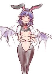 alternate_costume animal_ears ascot bat_wings black_eyes black_jacket blue_hair breasts censored commentary_request cropped_jacket crossed_arms cute_fang fake_animal_ears female fishnet_thighhighs fishnets grin head_tilt highres jacket legs_together light_blush looking_at_viewer medium_hair meme_attire mosaic_censoring narrowed_eyes navel nipples pointy_ears puffy_short_sleeves puffy_sleeves pussy rabbit_ears red_ascot remilia_scarlet reverse_bunnysuit reverse_outfit shiraue_yuu short_sleeves small_breasts smile solo standing thighhighs touhou white_background white_sleeves wings