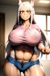 1girls ai_generated big_breasts boku_no_hero_academia bunny_ears bush female_pubic_hair kunaboto_(style) long_hair looking_at_viewer mirko miruko my_hero_academia nipple_bulge no_bra red_eyes reficulsenpai rumi_usagiyama thick_thighs