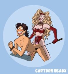 1boy 1girl 1girls blonde_hair brown_hair cartoon_heaux female female_penetrating female_penetrating_male golden_boy kintaro_oe lingerie madame_president male_penetrated pegging riding_crop strap-on strapon taken_from_behind tied_hands