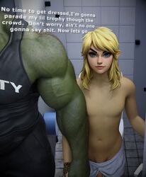 2boys 3d bathroom body_hair english_text femboy femboysub flaccid ganondorf gay hdregrets link male male_only multiple_boys muscular muscular_male restroom_stall size_difference text the_legend_of_zelda unseen_male_face yaoi