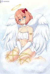 angel angel_wings barefoot belly_button blue_eyes blush brown_hair choker doki_doki_literature_club feet hair_ribbon hands_between_legs kneeling looking_at_viewer miniskirt raionart sayori_(doki_doki_literature_club) short_hair skirt slim_waist small_breasts spread_legs teenager thick_thighs thighhighs wide_hips wings_tied