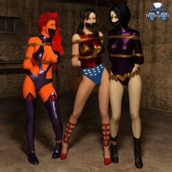 3d 3girls arms_behind_back black_hair bondage bound bound_ankles bound_arms daniel_remo_art dc dc_comics female female_only gag gagged leotard multiple_girls orange_skin purple_leotard raven_(dc) red_hair starfire tape_gag teen_titans wonder_girl wonder_woman_(series)