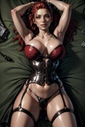 1girls ai_generated amber_eyes batman:_arkham_city big_breasts dc dc_comics front_view garter_straps league69 long_hair looking_at_viewer no_pants poison_ivy red_hair thighs