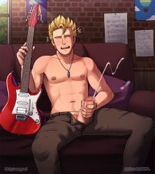 1boy blonde_hair censored cum cumshot ejaculation guitar male male_only masturbation pants penile_masturbation penis sam_(stardew_valley) solo solo_male soupyeel stardew_valley tagme topless underwear