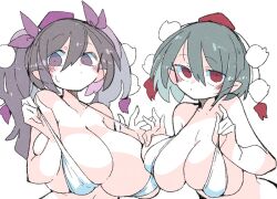 2girls bikini bikini_pull black_hair breast_press breasts brown_hair cleavage closed_mouth clothes_pull commission hat himekaidou_hatate huge_breasts large_breasts looking_at_viewer massakasama medium_hair multiple_girls pointy_ears pom_pom_(clothes) pulled_by_self purple_eyes purple_headwear red_headwear shameimaru_aya short_hair simple_background skindentation sweatdrop swimsuit tokin_hat touhou twintails upper_body white_background white_bikini