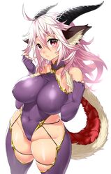 1girls absurdres blush breasts choker curvy dragon_girl dragon_horns dragon_tail elbow_gloves female gloves highres horns large_breasts leotard light_purple_eyes light_purple_hair long_hair looking_at_viewer monster_girl onsoku_inu original scales slit_pupils smile solo tail thighhighs