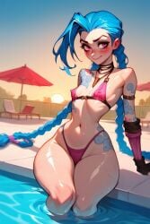 2024 ai_generated atomdildo belly_button blue_hair blush braided_hair braided_twintails erect_nipples evening female female_focus female_only gloves highleg_bikini jinx_(league_of_legends) knees_together league_of_legends necklace pale_skin pink_bikini pink_eyes pool riot_games self_upload shiny_skin sitting small_breasts small_waist smiling solo stable_diffusion sunset swimming_pool tattoo thick_thighs tiny_breasts water wide_hips