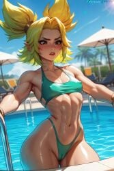 2024 ai_generated atomdildo belly_button blue_sky blush brown_eyes cameltoe erect_nipples female female_focus female_only green_bikini green_hair highleg_bikini league_of_legends muscular muscular_female palm_tree pool riot_games self_upload shiny_skin small_breasts small_waist solo stable_diffusion swimming_pool thick_thighs twintails water wet_skin wide_hips zeri_(league_of_legends)