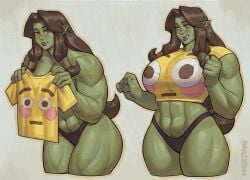 1girls big_breasts black_hair blush blushing_emoji emoji fangs female female_only flushed_emoji flushed_emoji_shirt fraeya_(m4rjinn) green_skin long_hair looking_at_viewer m4rjinn muscles muscular muscular_female orc orc_female panties pointy_ears red_eyes scar scar_across_nose solo t-shirt thick_thighs tight_clothing very_high_resolution