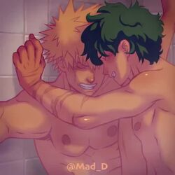 2boys 2d anal anal_sex animated ass balls bare_chest bare_shoulders bathroom blonde_hair bodily_fluids butt completely_nude cum cum_string eyes_closed gay gay_sound genital_fluids genitals green_hair gritted_teeth izuku_midoriya katsuki_bakugou leg_lift mad_d male/male male_only male_penetrated male_penetrating male_penetrating_male mp4 my_hero_academia no_sound nude nude_male one_leg_up penis scars shower spiky_hair standing standing_sex thrusting thrusting_into_ass video yaoi