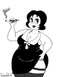 1girls 2023 bbw belly big_belly big_breasts black_and_white black_dress black_hair blush breasts chubby chubby_female cigarette cigarette_holder cigarette_smoke cleavage comedy_central drawn_together female female_only high_heels huge_breasts large_breasts professordoctorc sideboob smile smiling smirk stockings thick_thighs thighhighs toot_braunstein white_background wide_hips