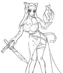 1girls ann_(identity_v) bandage bandages big_breasts breasts cat_ears cat_tail covered_nipples covered_pussy feline female identity_v looking_at_viewer monochrome robe sketch solo standing tail weapon white_background yellow_eyes zomjam