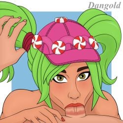 1boy 1girls 2022 :>= blowjob blue_background brown_eyes candy dangold deep_blowjob deepthroat deepthroat_mark epic_games eye_contact eyeliner fellatio female female_focus fortnite fortnite:_battle_royale green_eyes green_hair hat light-skinned_female lipstick_mark lipstick_on_penis male oral painted_fingernails painted_nails penis peppermint petite pov pulling_hair pulling_twintails red_lips red_lipstick seductive_eyes seductive_mouth slim tan_skin tied_hair twintails white_border zoey_(fortnite)