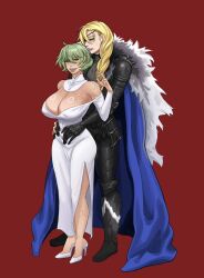 2girls alternate_hairstyle armor bare_shoulders blonde_hair blue_eyes byleth_(fire_emblem) byleth_(fire_emblem)_(female) cape cleavage deep_cleavage dimitri_alexandre_blaiddyd dress ear_piercing elbow_gloves female female_only fire_emblem fire_emblem:_three_houses gloves green_eyes green_hair high_heels large_breasts long_hair milkbar multiple_girls nintendo off_shoulder piercing post-timeskip red_background revealing_clothes rule_63 scar short_hair shoulders