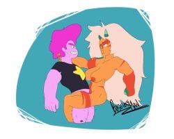 big_breasts businessman_(artist) cartoon_network chad clothed_male_nude_female fit_female gem_(species) grabbing_neck grin jasper_(steven_universe) long_hair muscular_female muscular_male orange_skin pink_steven standing_sex steven steven_quartz_universe steven_universe steven_universe_future